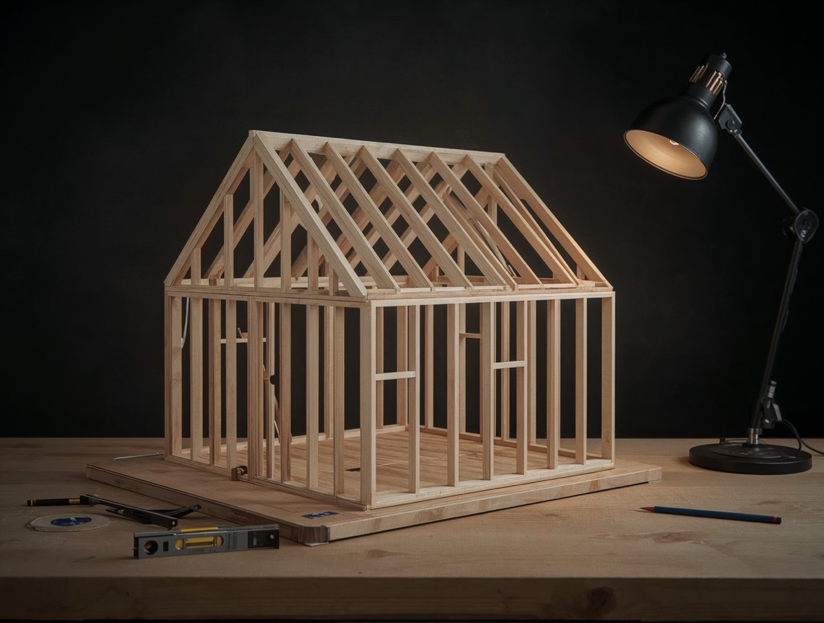 Unfinished wooden house frame model on a workbench