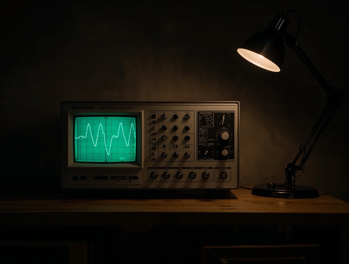 Oscilloscope on a workbench under a desk lamp